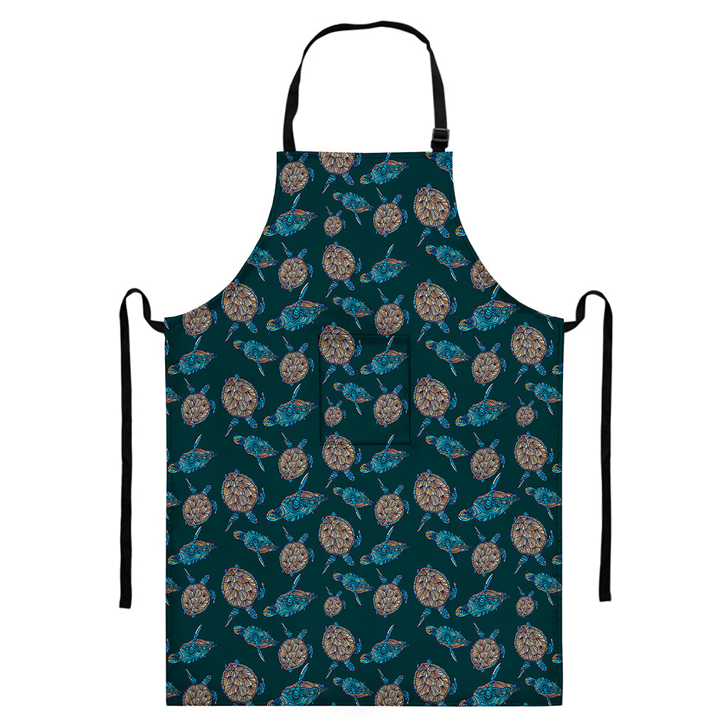 Blue Sea Turtle Pattern Print Bib Apron With Pocket