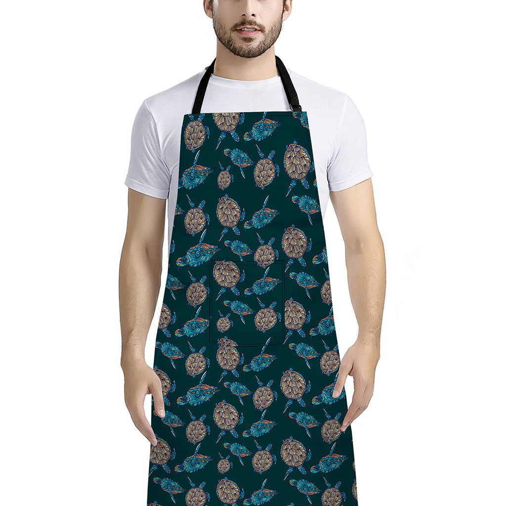 Blue Sea Turtle Pattern Print Bib Apron With Pocket