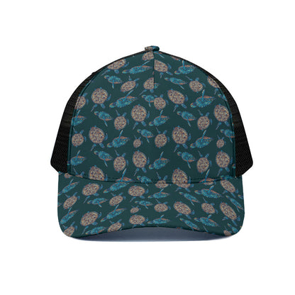 Blue Sea Turtle Pattern Print Black Mesh Trucker Cap