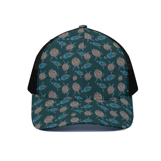 Blue Sea Turtle Pattern Print Black Mesh Trucker Cap