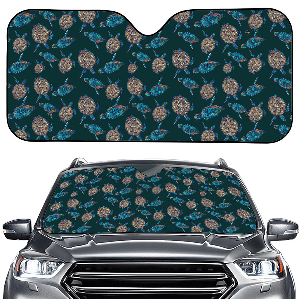 Blue Sea Turtle Pattern Print Car Windshield Sun Shade