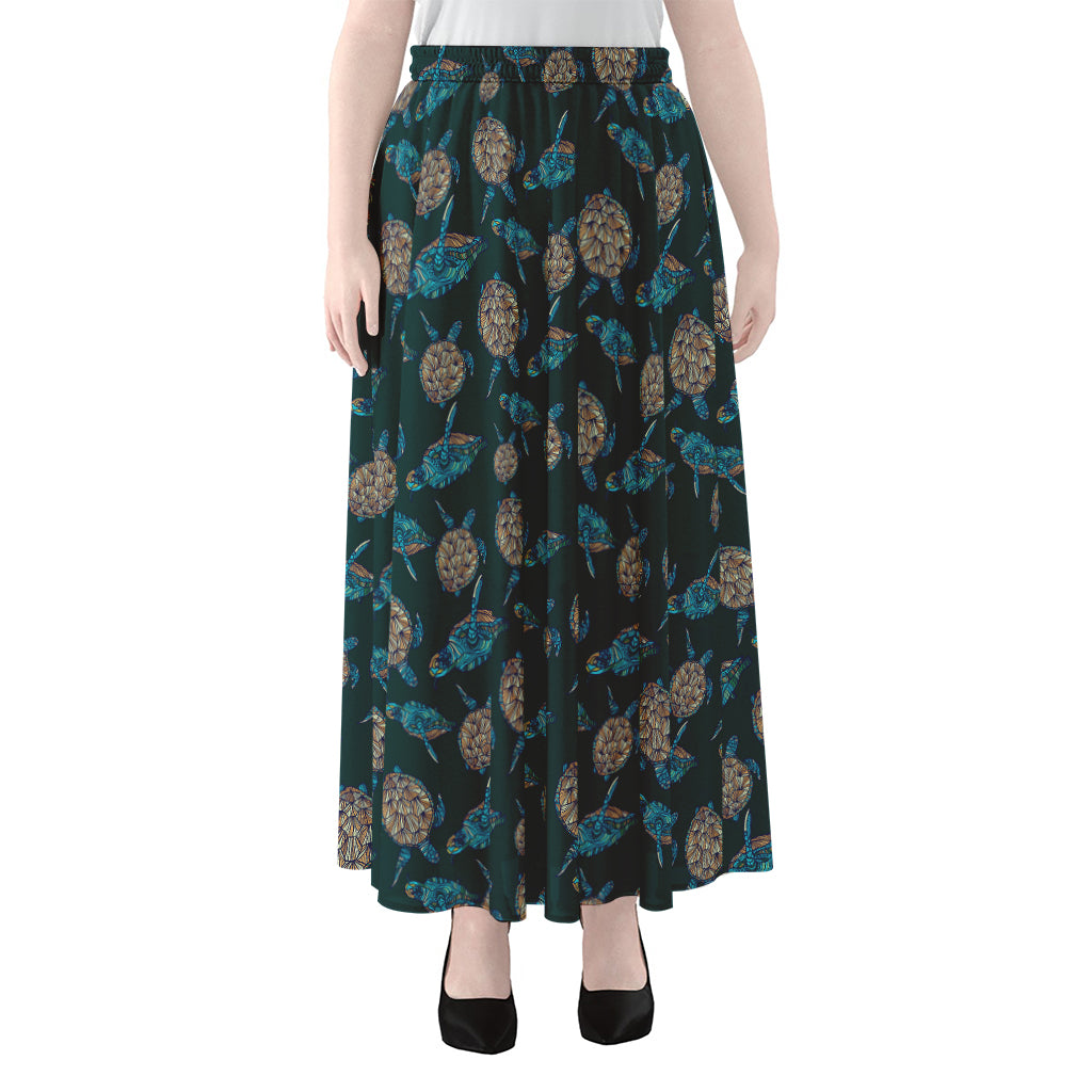 Blue Sea Turtle Pattern Print Chiffon Maxi Skirt