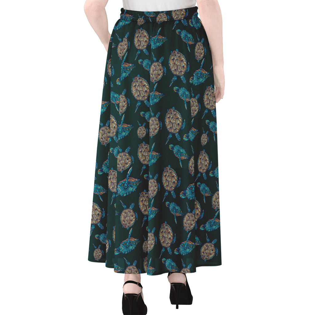 Blue Sea Turtle Pattern Print Chiffon Maxi Skirt