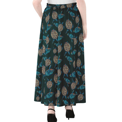 Blue Sea Turtle Pattern Print Chiffon Maxi Skirt