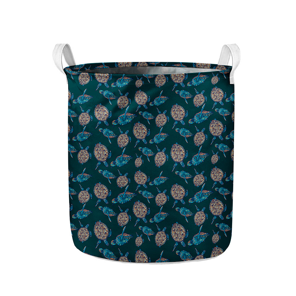 Blue Sea Turtle Pattern Print Collapsible Laundry Basket