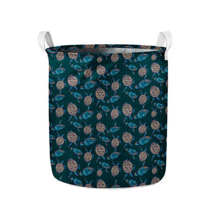Blue Sea Turtle Pattern Print Collapsible Laundry Basket