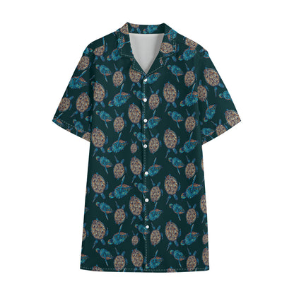 Blue Sea Turtle Pattern Print Cotton Hawaiian Shirt