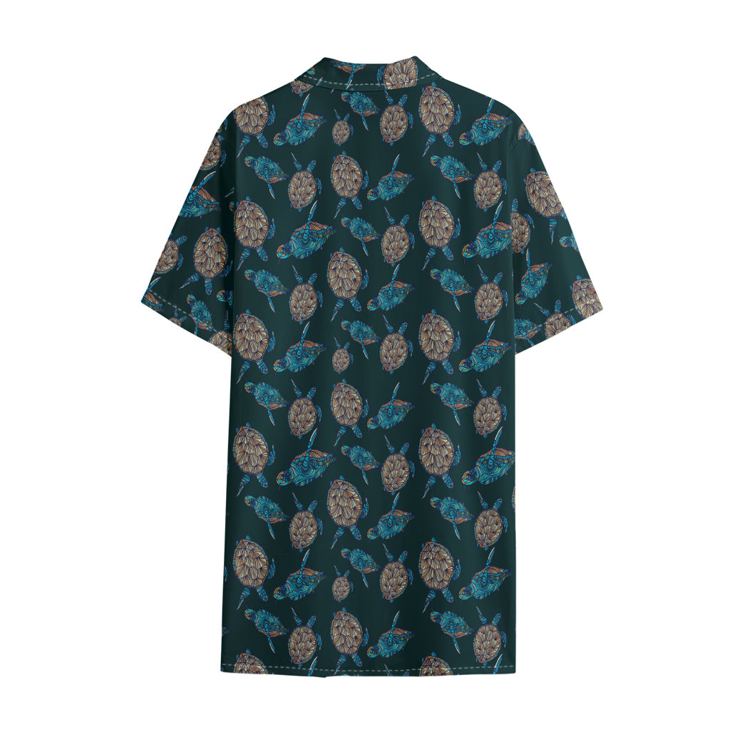 Blue Sea Turtle Pattern Print Cotton Hawaiian Shirt