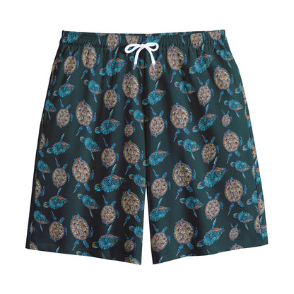 Blue Sea Turtle Pattern Print Cotton Shorts
