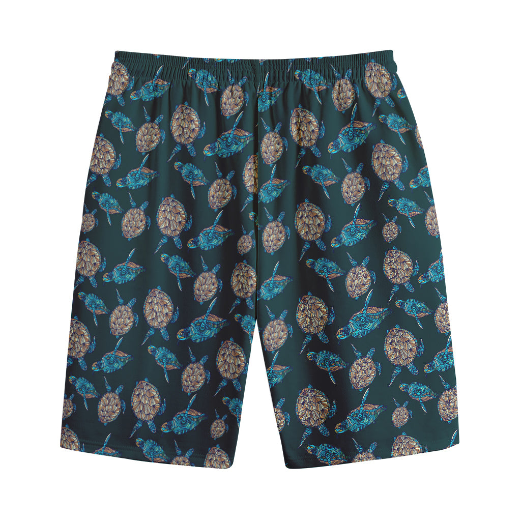 Blue Sea Turtle Pattern Print Cotton Shorts