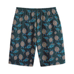 Blue Sea Turtle Pattern Print Cotton Shorts
