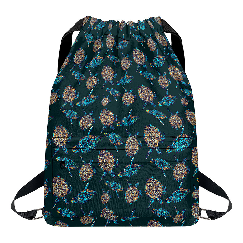 Blue Sea Turtle Pattern Print Drawstring Backpack