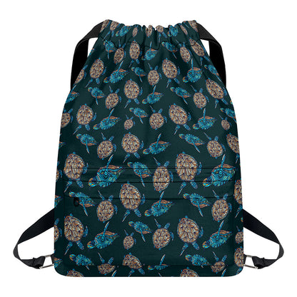 Blue Sea Turtle Pattern Print Drawstring Backpack