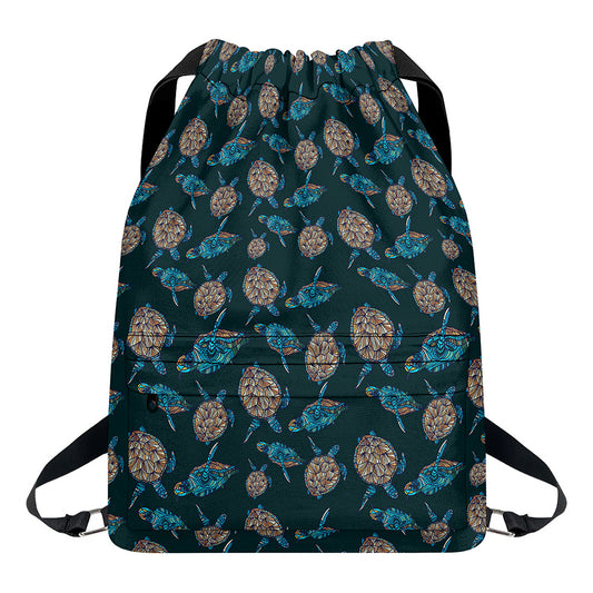 Blue Sea Turtle Pattern Print Drawstring Backpack