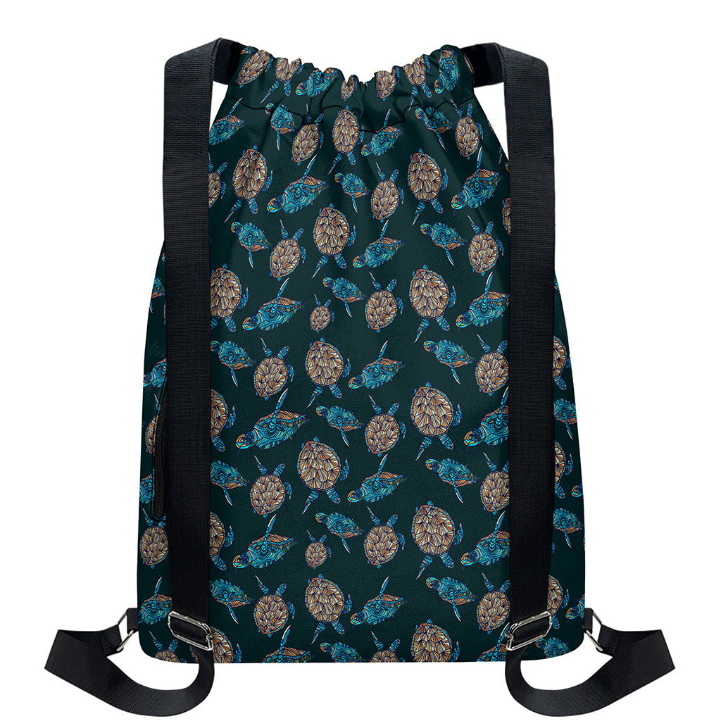 Blue Sea Turtle Pattern Print Drawstring Backpack