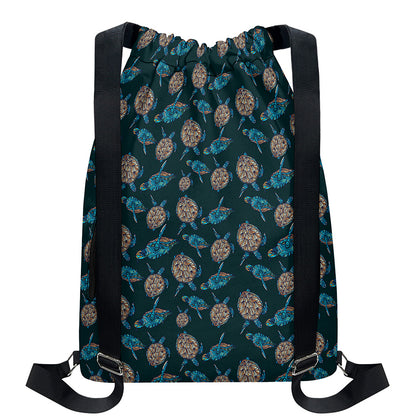 Blue Sea Turtle Pattern Print Drawstring Backpack