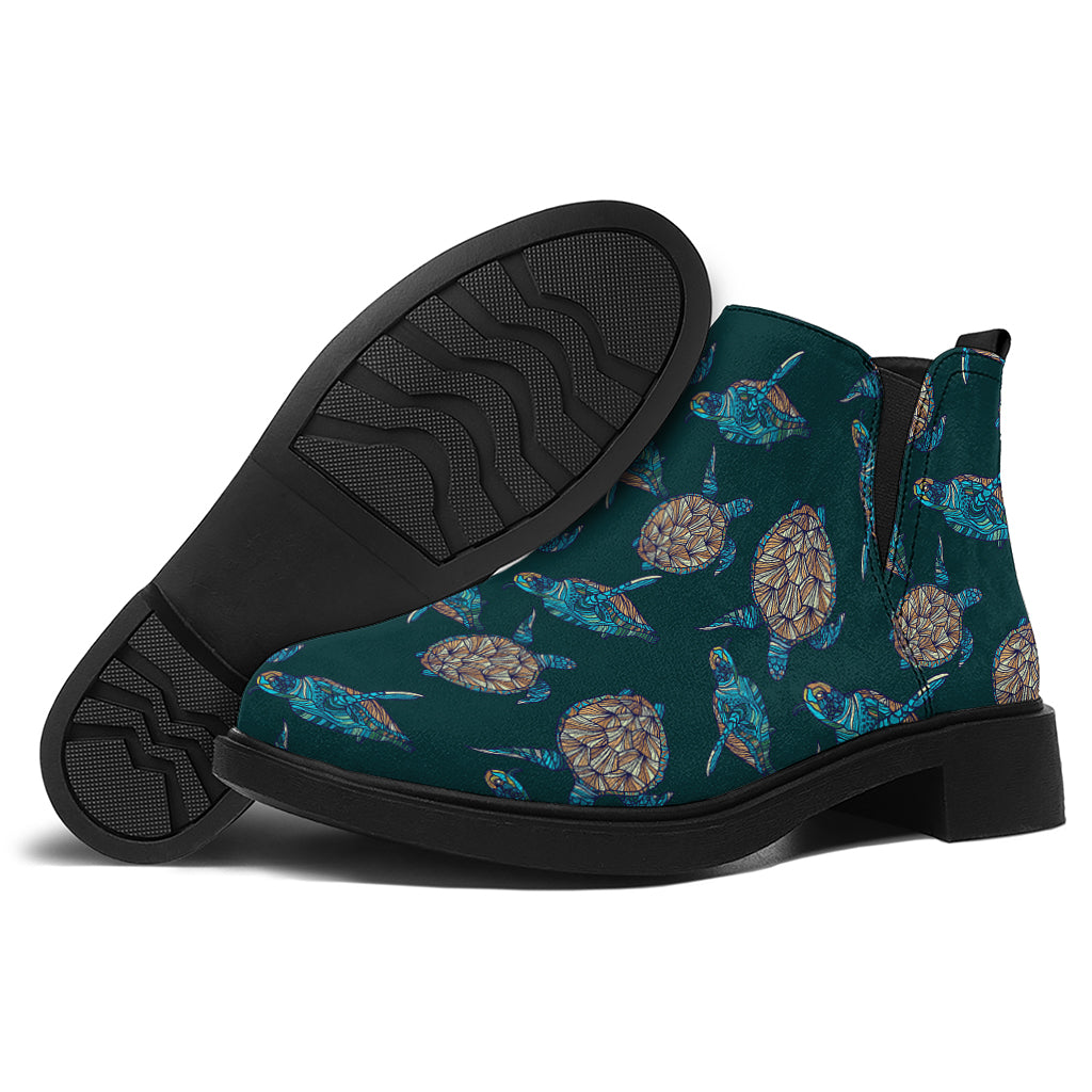 Blue Sea Turtle Pattern Print Flat Ankle Boots