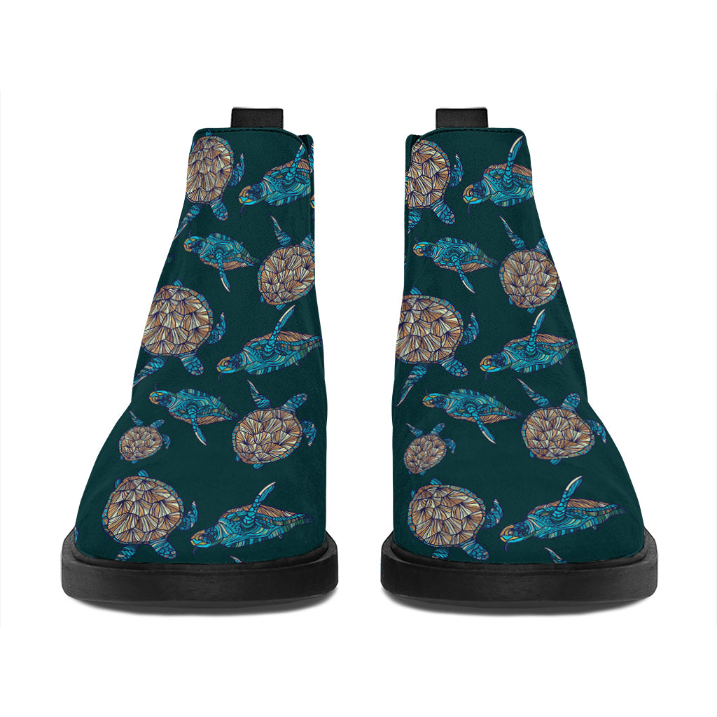 Blue Sea Turtle Pattern Print Flat Ankle Boots