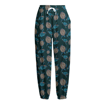 Blue Sea Turtle Pattern Print Fleece Lined Knit Pants