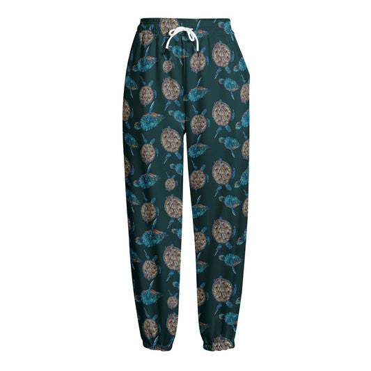 Blue Sea Turtle Pattern Print Fleece Lined Knit Pants