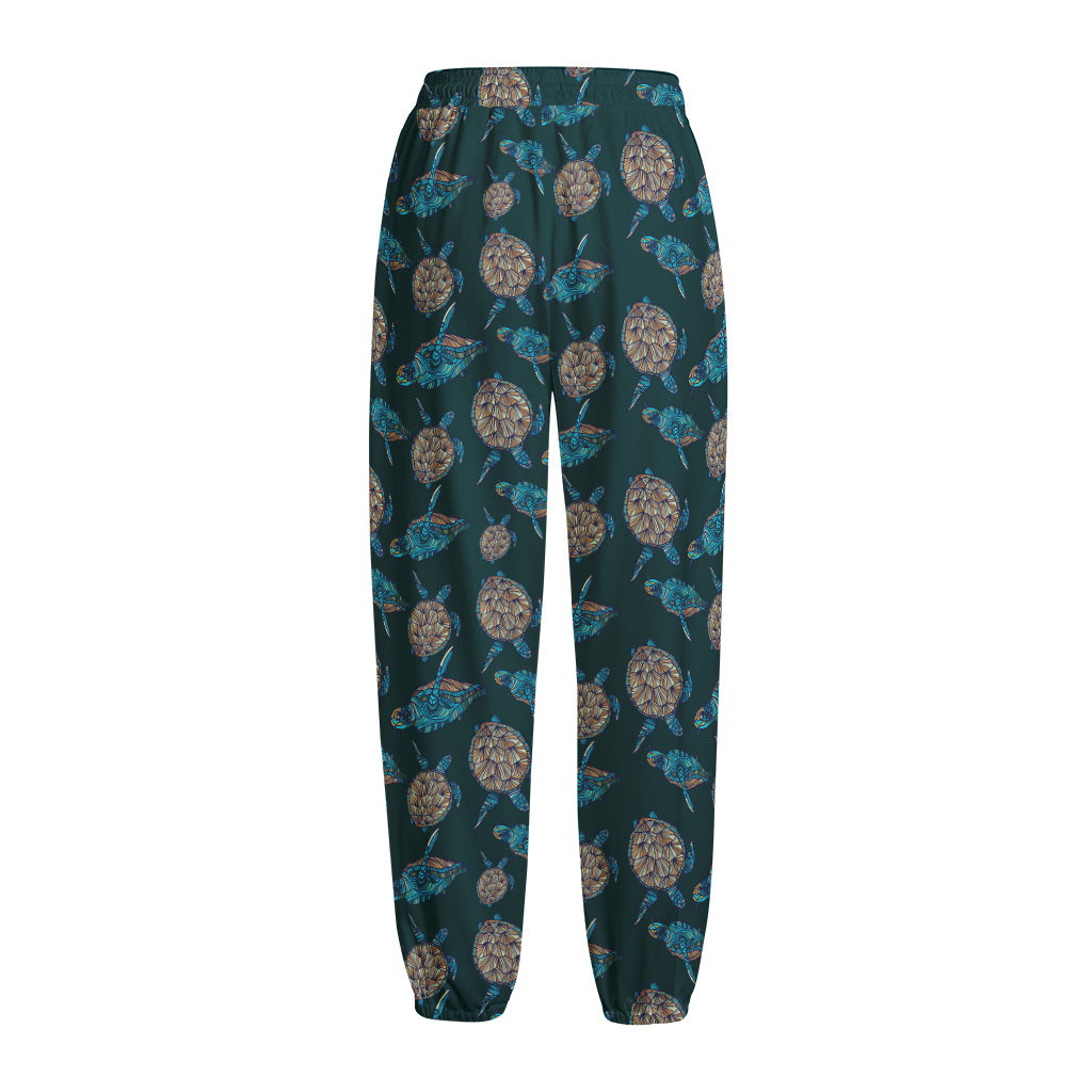 Blue Sea Turtle Pattern Print Fleece Lined Knit Pants