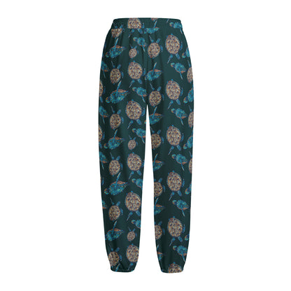 Blue Sea Turtle Pattern Print Fleece Lined Knit Pants