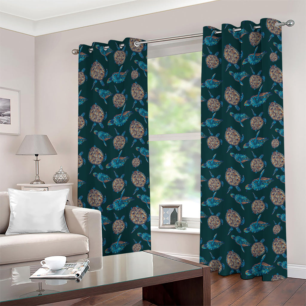 Blue Sea Turtle Pattern Print Grommet Curtains