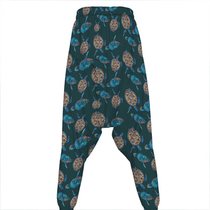 Blue Sea Turtle Pattern Print Hammer Pants
