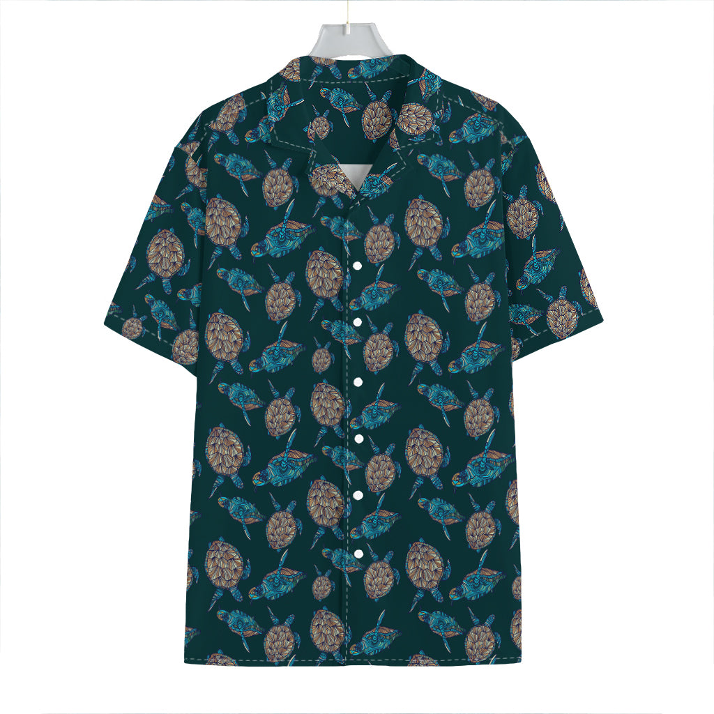 Blue Sea Turtle Pattern Print Hawaiian Shirt