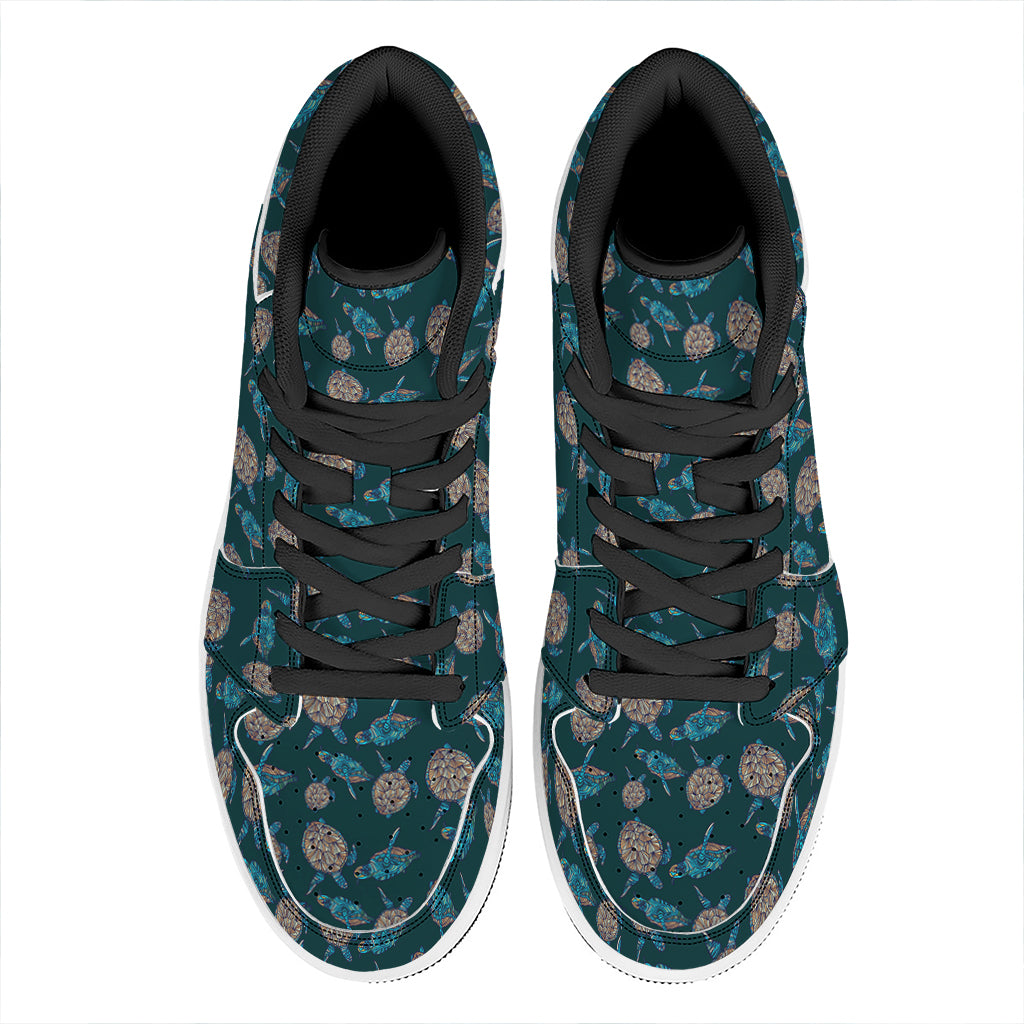 Blue Sea Turtle Pattern Print High Top Leather Sneakers