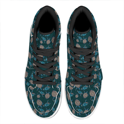 Blue Sea Turtle Pattern Print High Top Leather Sneakers