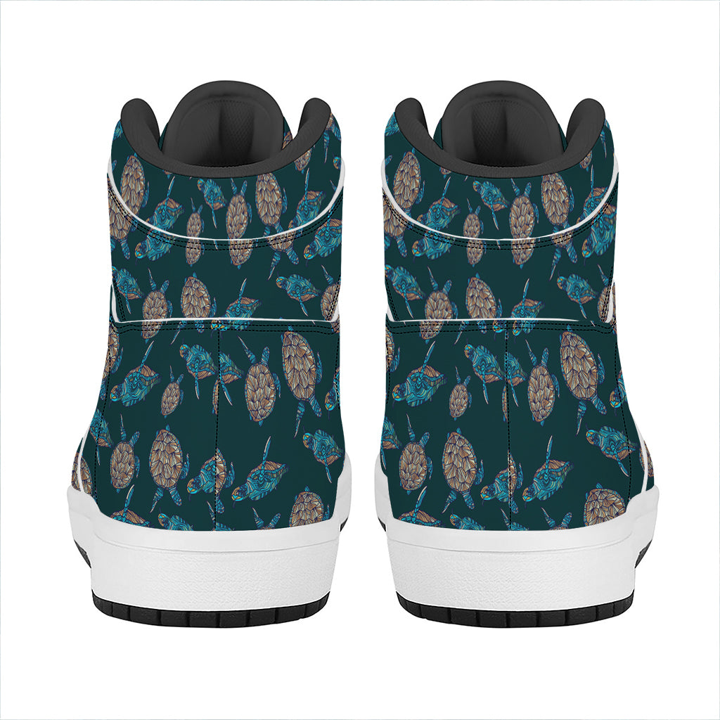 Blue Sea Turtle Pattern Print High Top Leather Sneakers