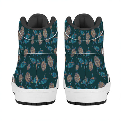 Blue Sea Turtle Pattern Print High Top Leather Sneakers