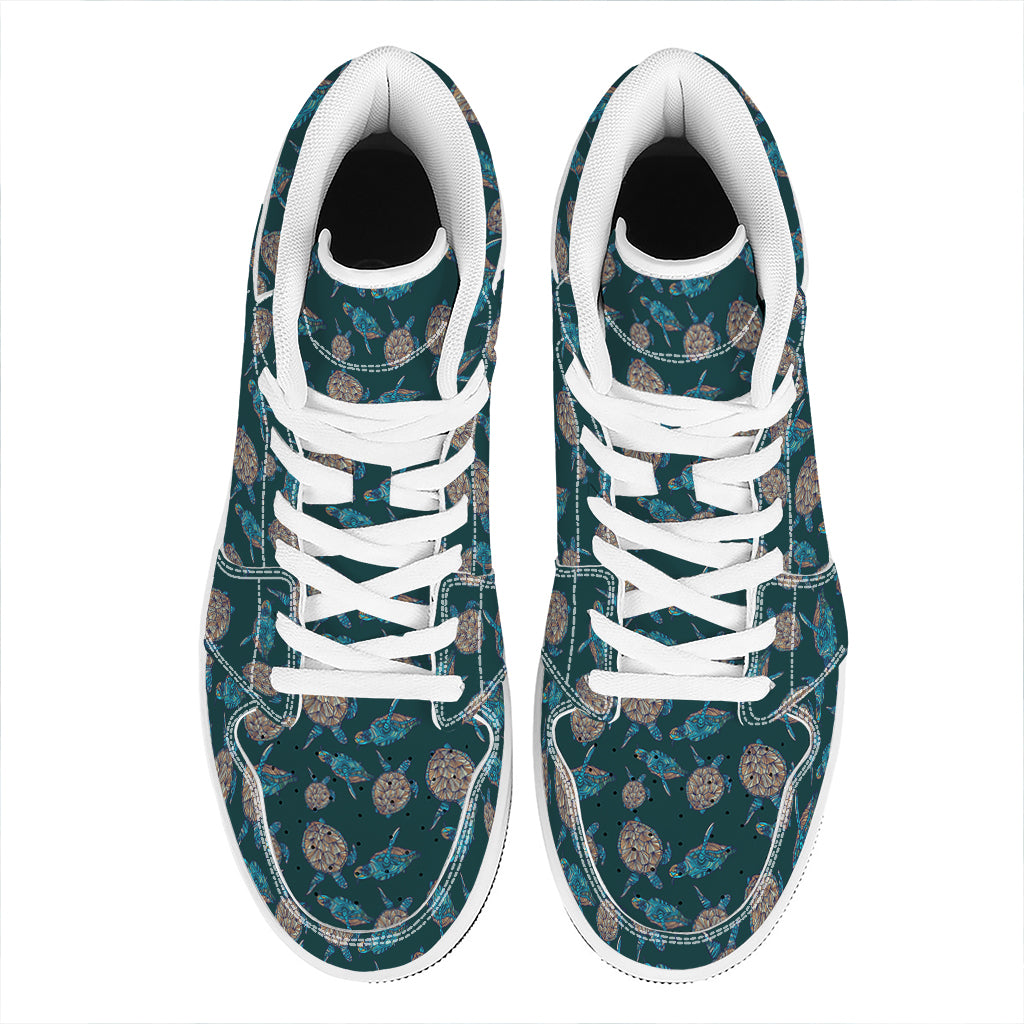 Blue Sea Turtle Pattern Print High Top Leather Sneakers