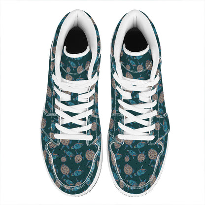 Blue Sea Turtle Pattern Print High Top Leather Sneakers