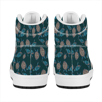 Blue Sea Turtle Pattern Print High Top Leather Sneakers