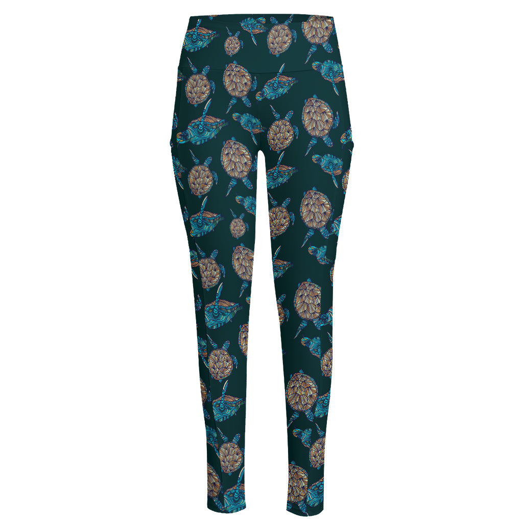 Blue Sea Turtle Pattern Print High-Waisted Pocket Leggings