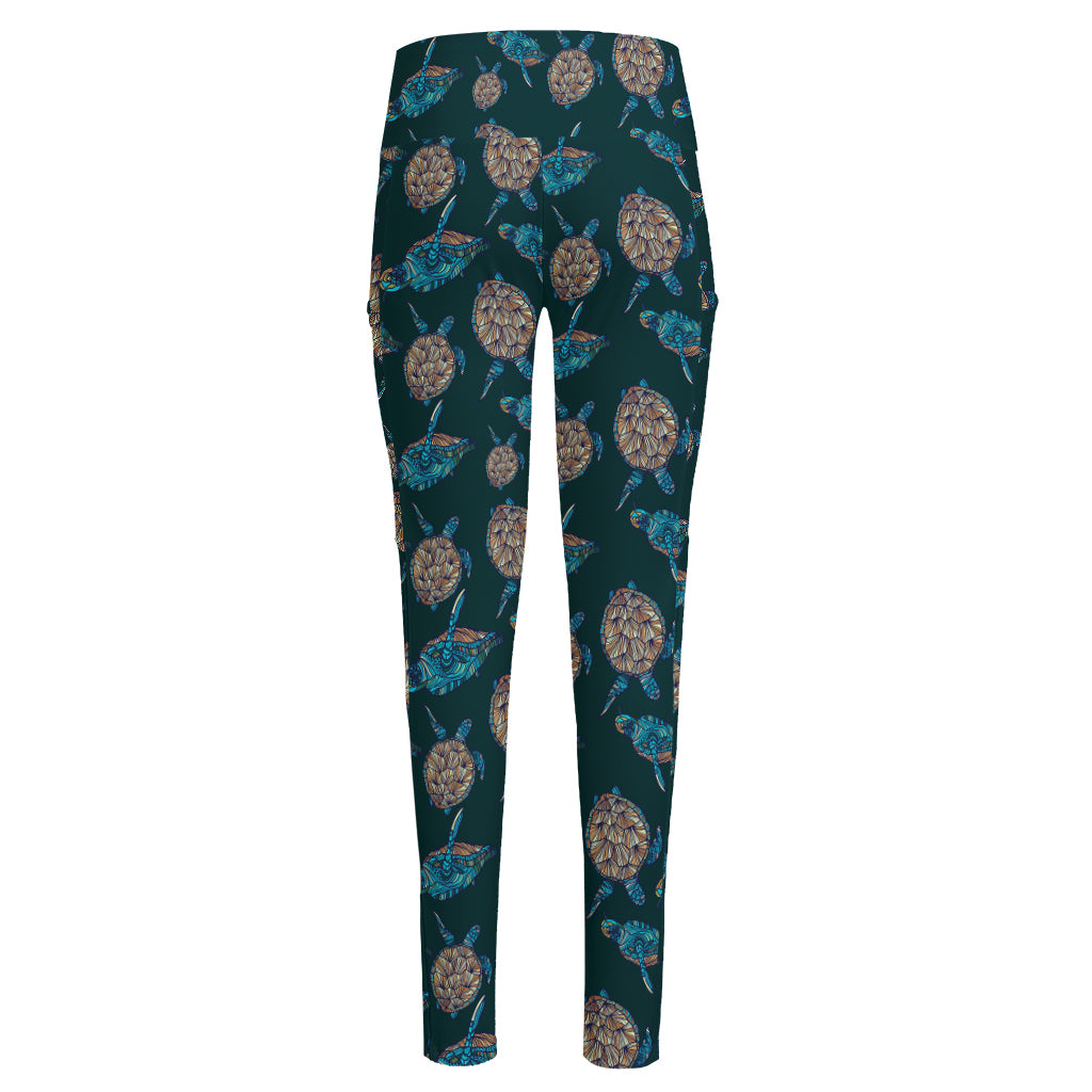 Blue Sea Turtle Pattern Print High-Waisted Pocket Leggings