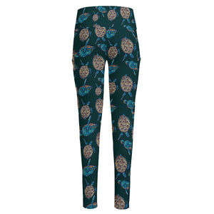 Blue Sea Turtle Pattern Print High-Waisted Pocket Leggings