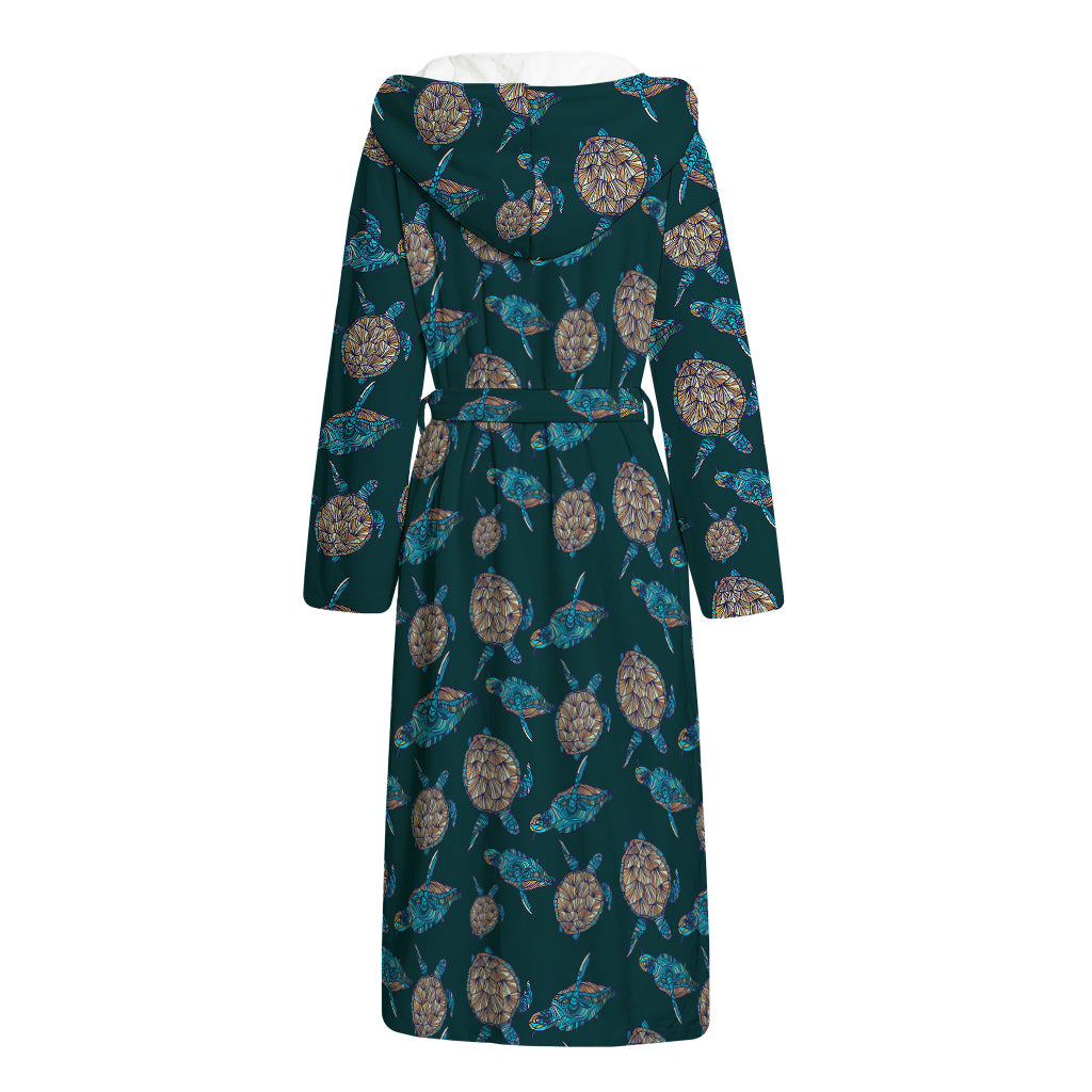 Blue Sea Turtle Pattern Print Hooded Bathrobe