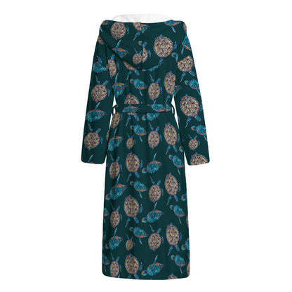 Blue Sea Turtle Pattern Print Hooded Bathrobe