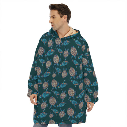 Blue Sea Turtle Pattern Print Hoodie Blanket