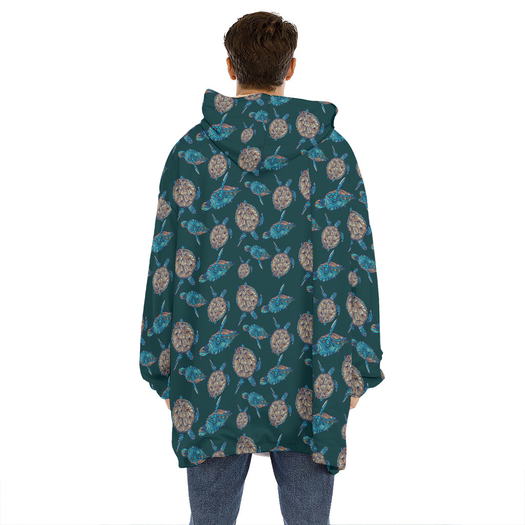 Blue Sea Turtle Pattern Print Hoodie Blanket
