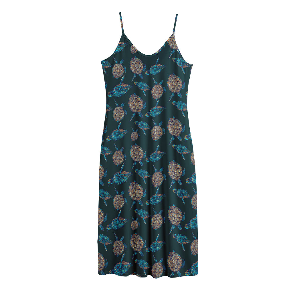 Blue Sea Turtle Pattern Print Jersey Midi Cami Dress