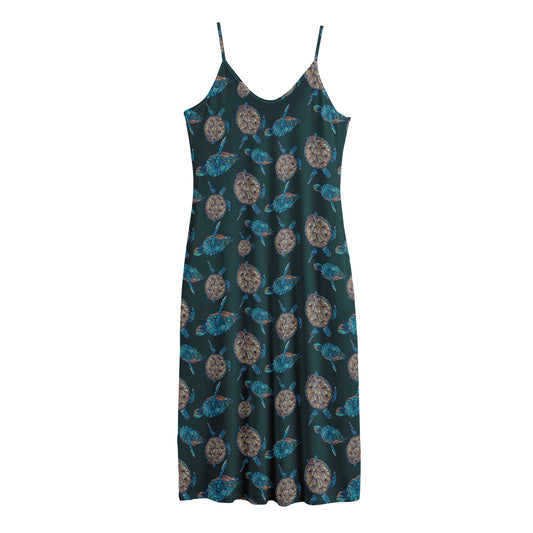 Blue Sea Turtle Pattern Print Jersey Midi Cami Dress