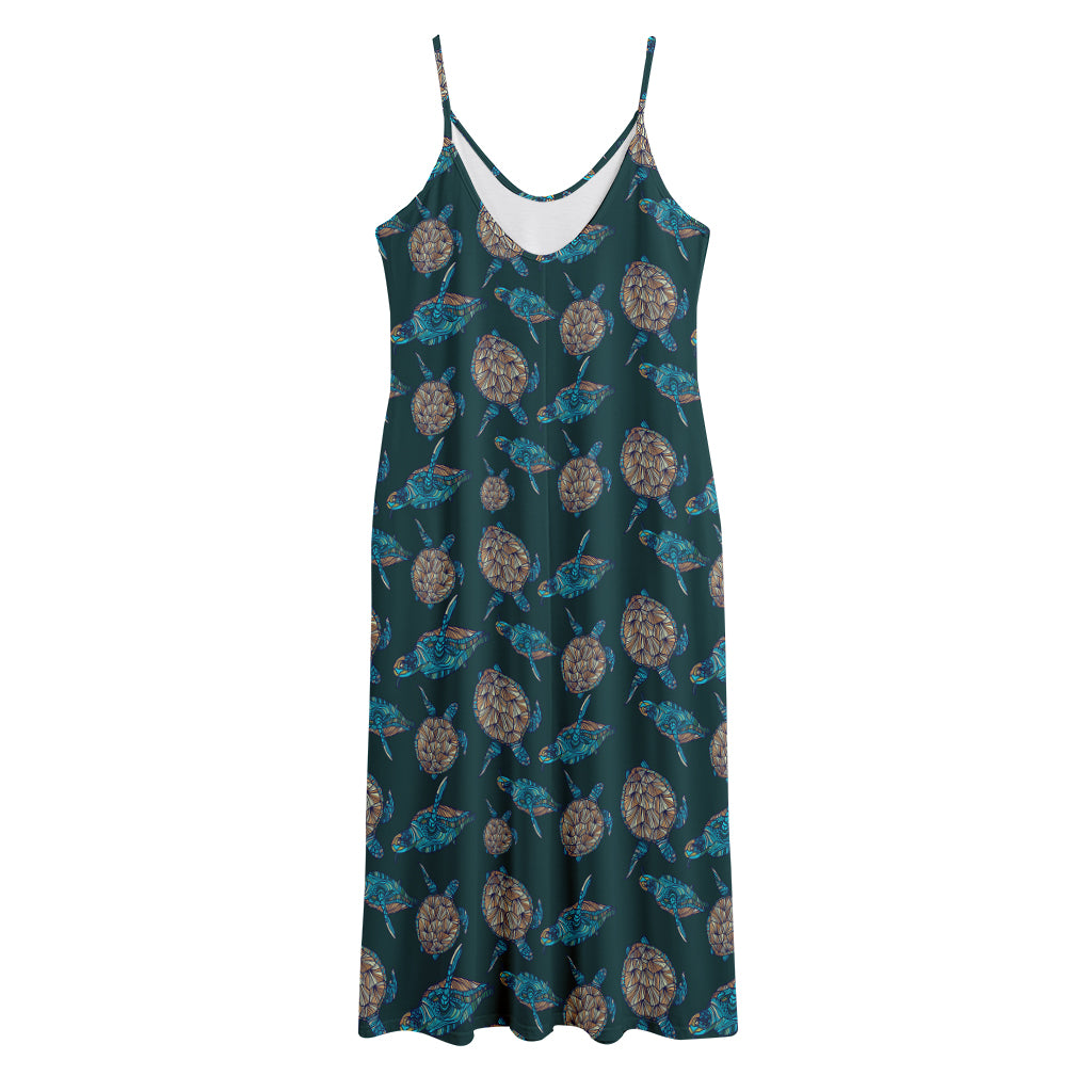 Blue Sea Turtle Pattern Print Jersey Midi Cami Dress