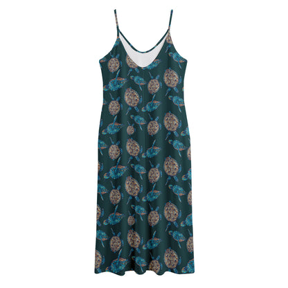 Blue Sea Turtle Pattern Print Jersey Midi Cami Dress