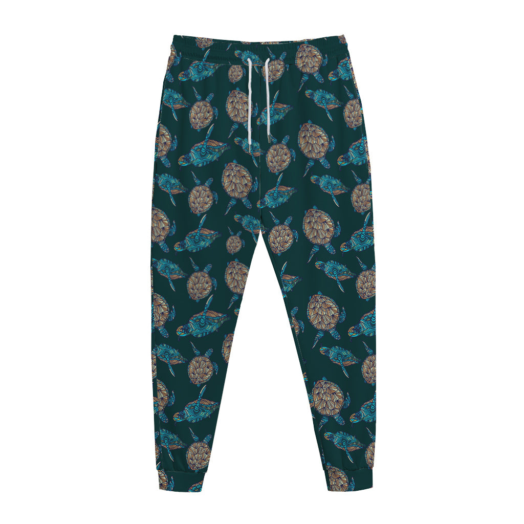 Blue Sea Turtle Pattern Print Jogger Pants