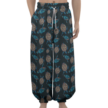 Blue Sea Turtle Pattern Print Lantern Pants
