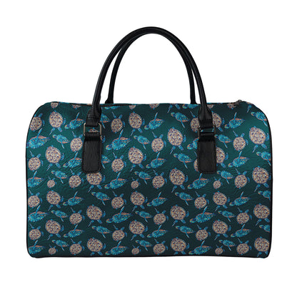 Blue Sea Turtle Pattern Print Leather Duffle Bag